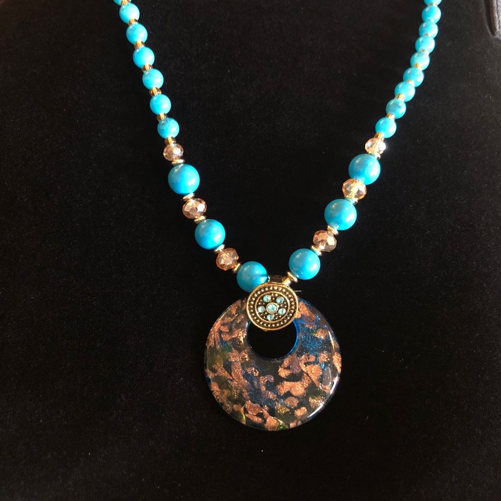 Blue and Gold Pendant Long Beaded Necklace